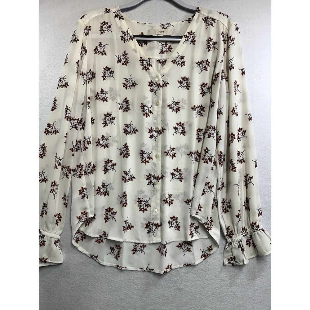 LOFT Sheer‎ Size M White Floral Ruffle V-Neck Long Sleeve Button Blouse